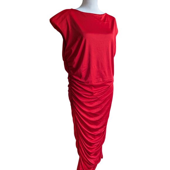 Sofia Vergara Red Ruched Dress Bodycon Midi Sheath Cut Out Women XL Stretch plus - Picture 8 of 13
